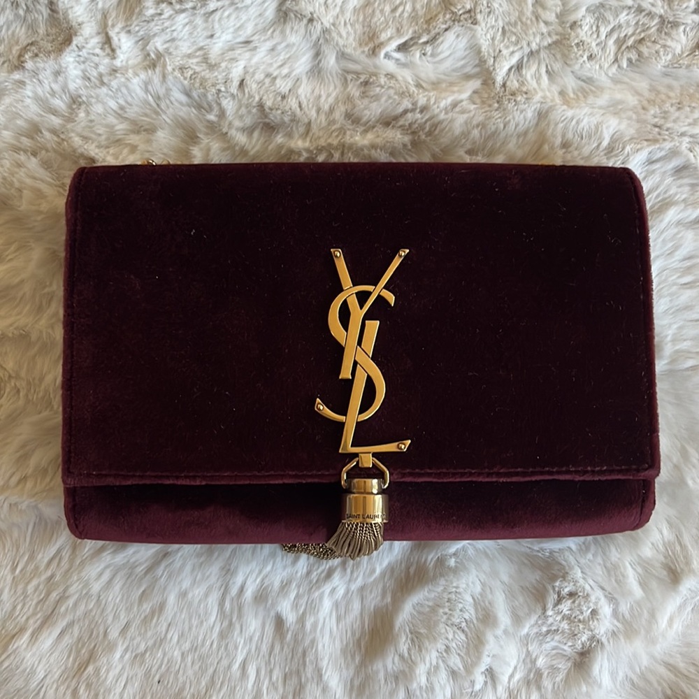 LIKE NEW!! YSL Kate Medium Tassel Velvet Crossbody Bag in Burgundy Velvet